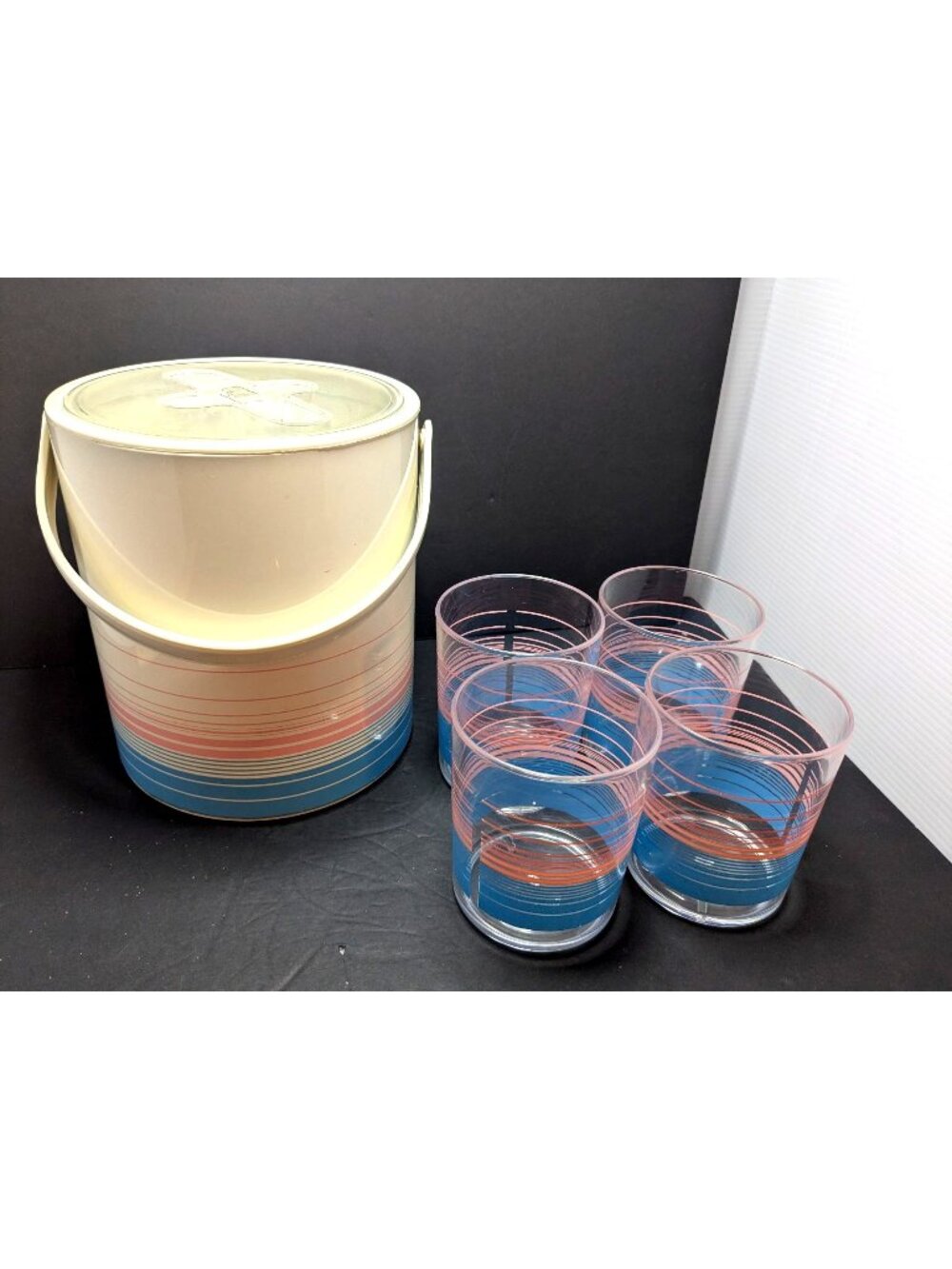 Vtg MCM Phoenix Beverage Set Ice Bucket & 4 Tumblers Pink & Blue Striped 80's